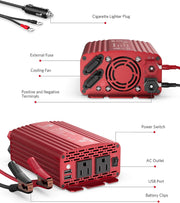 500W Power Inverter 12V to 110V with USB Ports